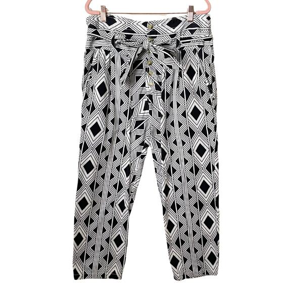 Figue Pants Womens Medium Black White Argyle Tribal Paperbag High Rise Boho - Picture 1 of 10